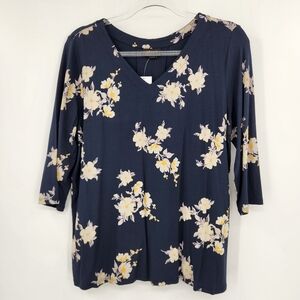 J. Jill Wearever Collection 3/4 Sleeve V Neck Blouse Womens Size Medium Navy NEW